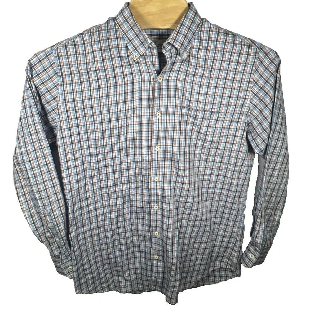 Peter Millar Men Large Cotton Plaid Button Down Long Sleeve Shirt